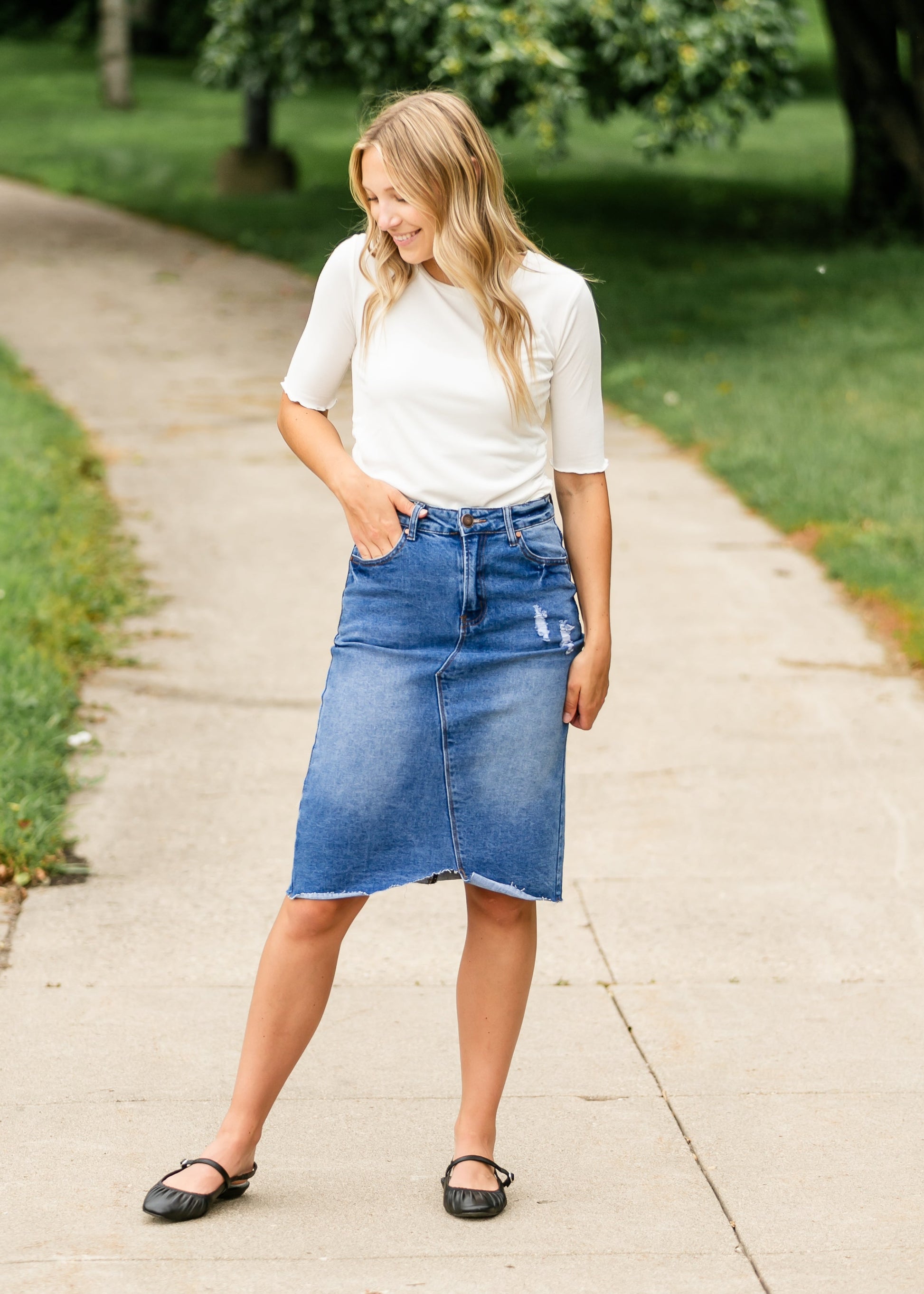 Tiana Distressed Denim Midi Skirt IC Skirts