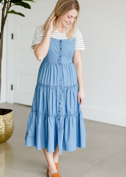 Tiered Denim Button Front Midi Dress - FINAL SALE Dresses