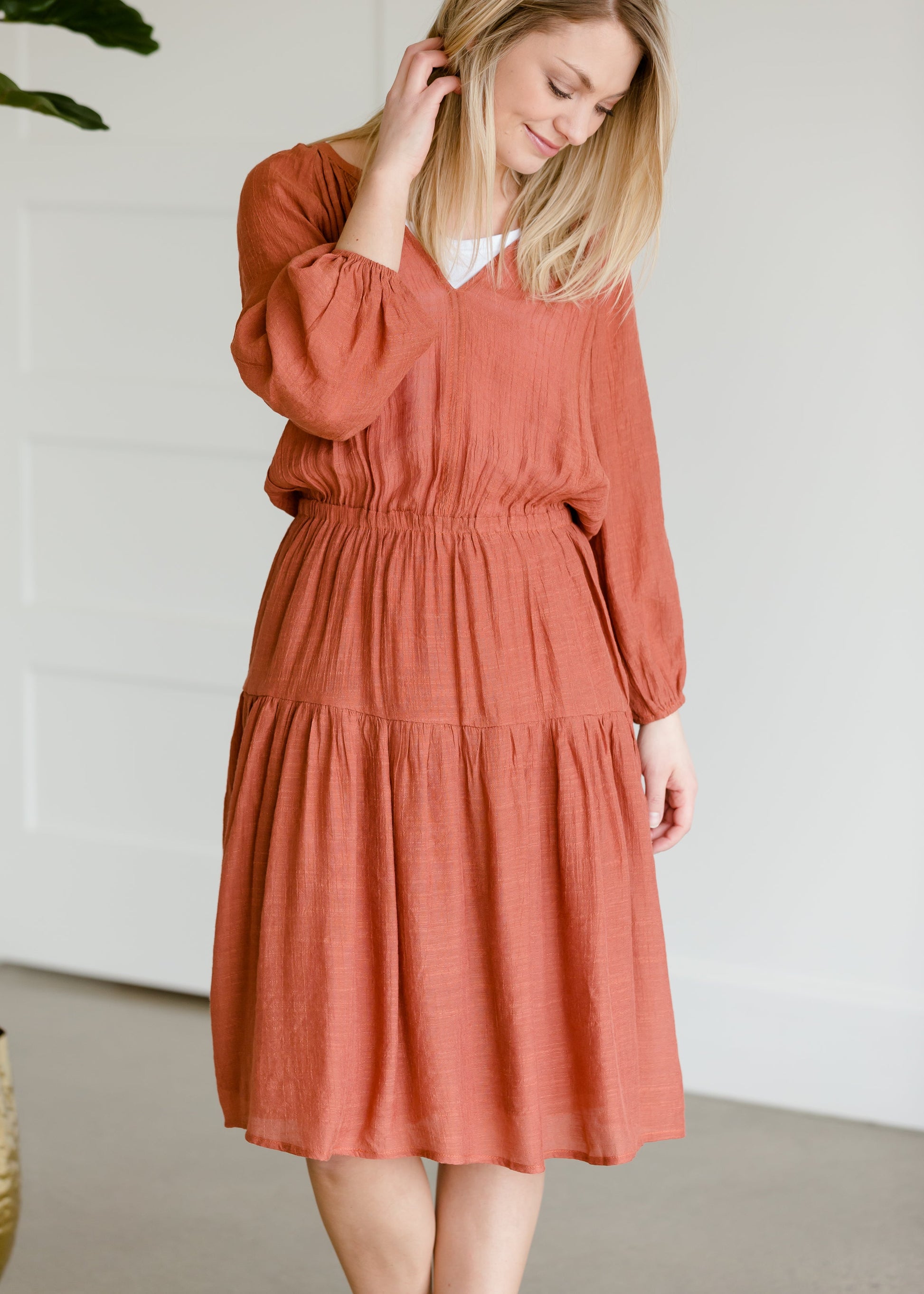 Tiered Luster 3/4 Sleeve Midi Dress - FINAL SALE Dresses