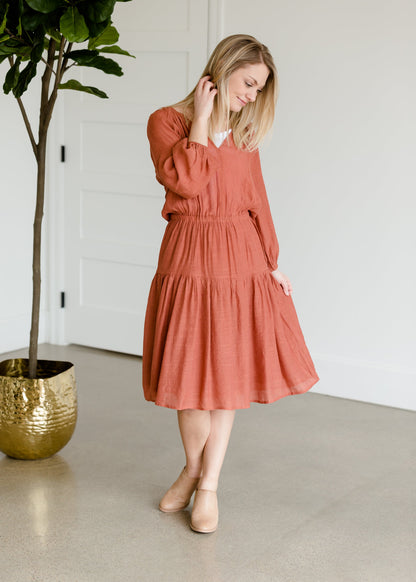 Tiered Luster 3/4 Sleeve Midi Dress - FINAL SALE Dresses