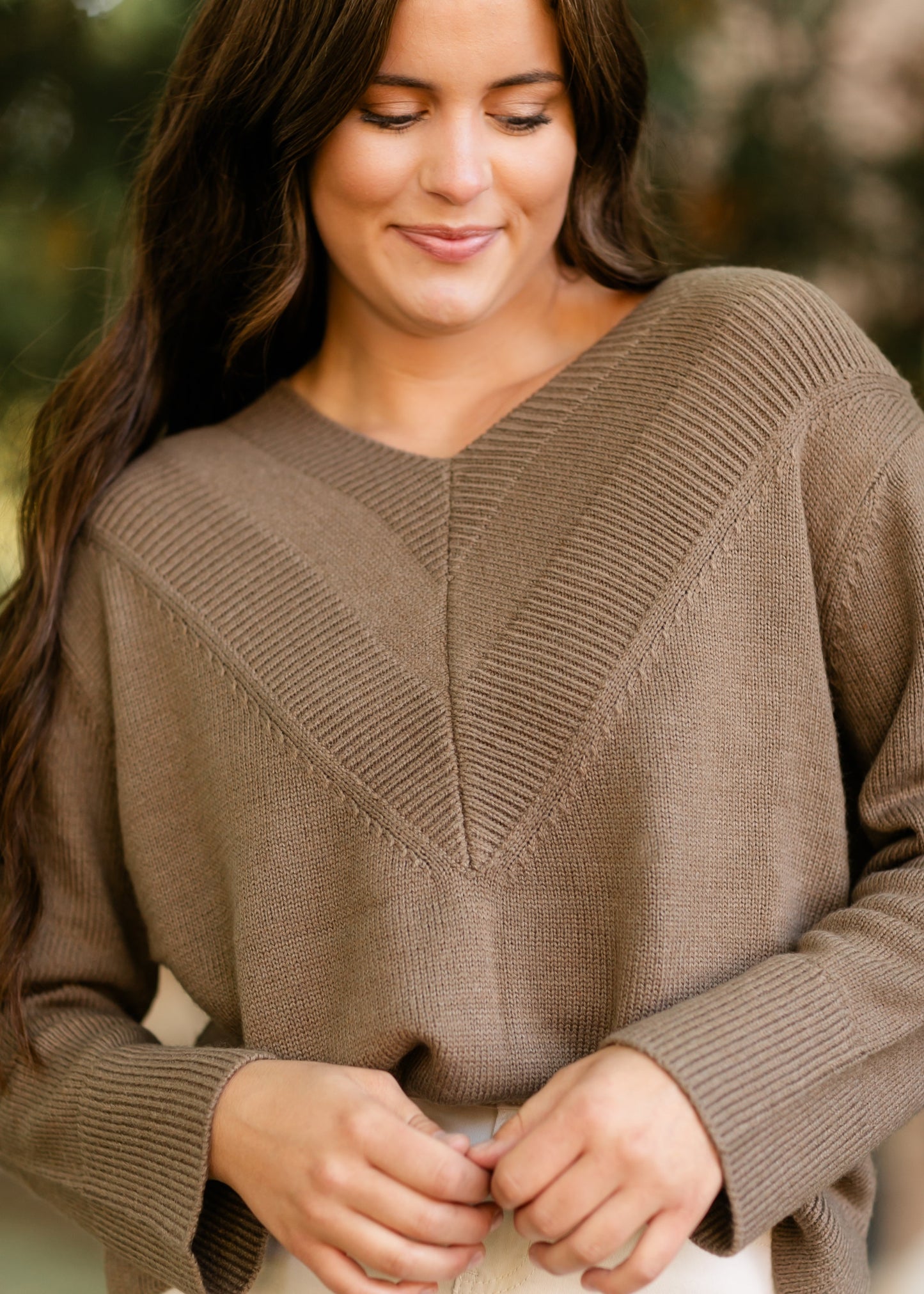 V-neck Light Brown Long Sleeve Sweater FF Tops