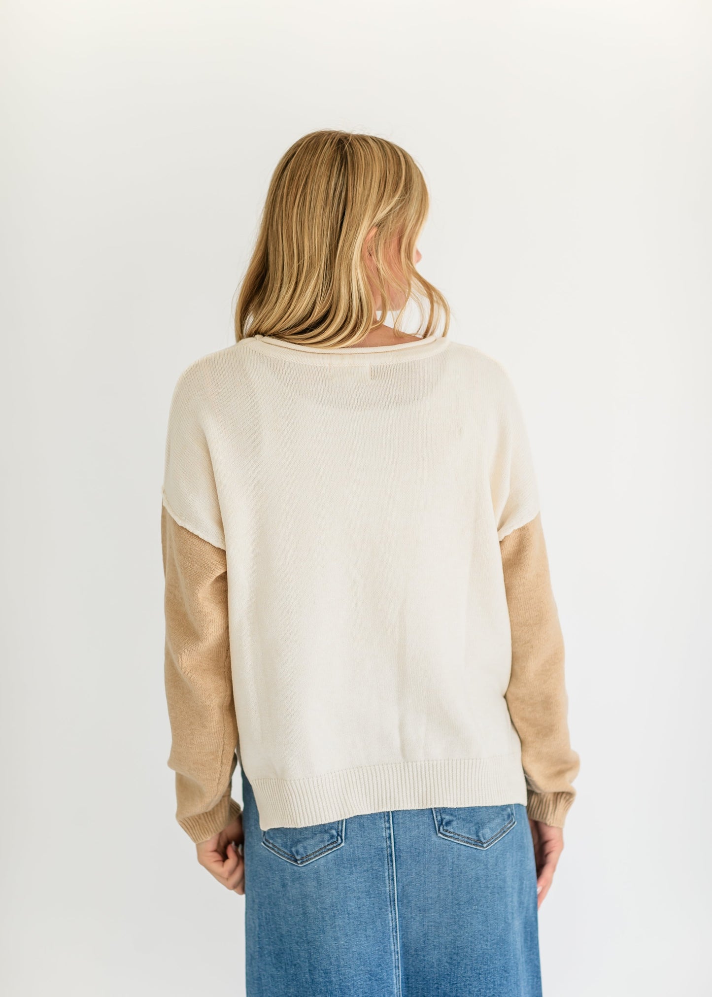 Vera Colorblock Raw Edge Long Sleeve Knit Sweater FF Tops