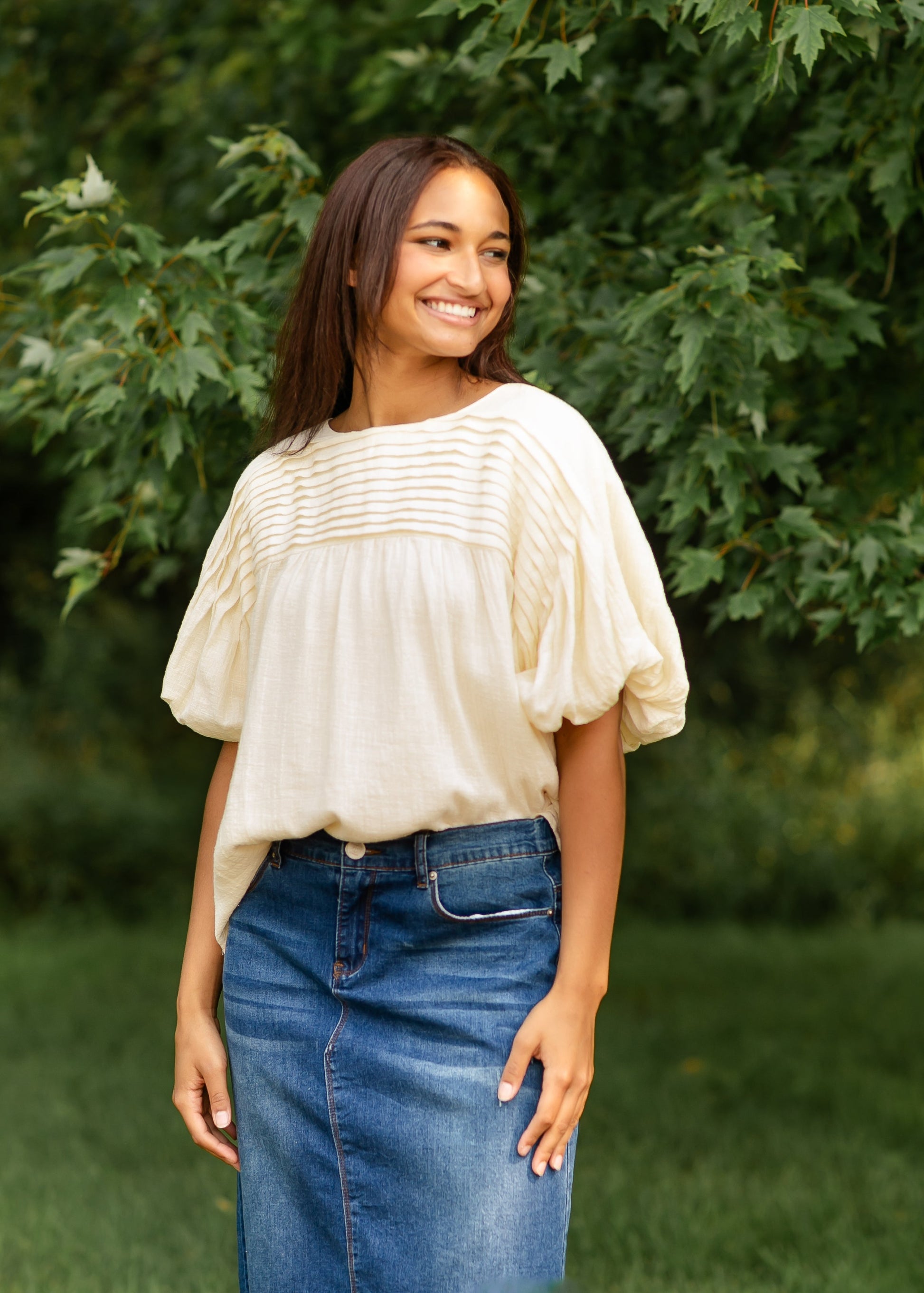 Virginia Pleated Peasant Short Sleeve Top IC Tops Cream / S