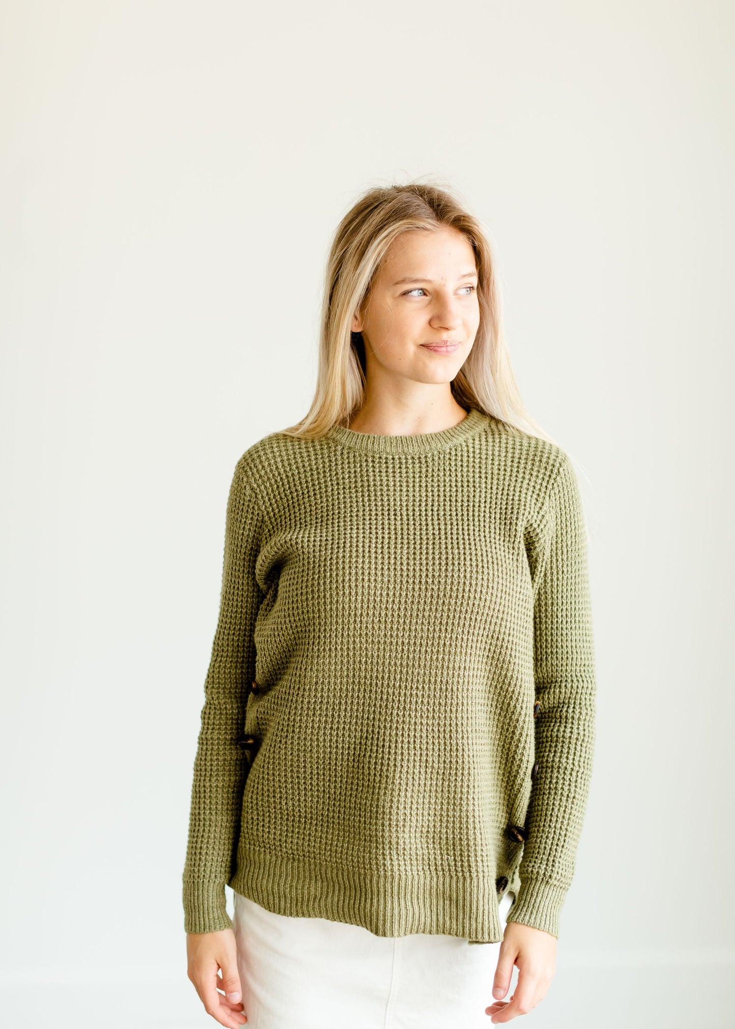 Waffle Knit Side Button Crew Neck Sweater FF Tops