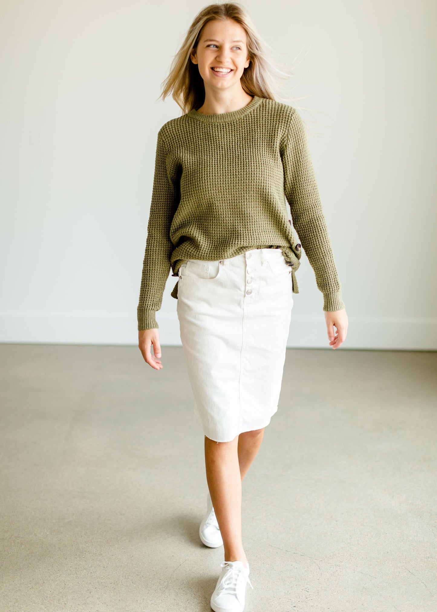 Waffle Knit Side Button Crew Neck Sweater Tops