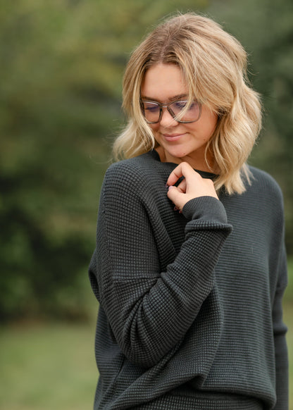 Waffle Textured Long Sleeve Sweater FF Tops