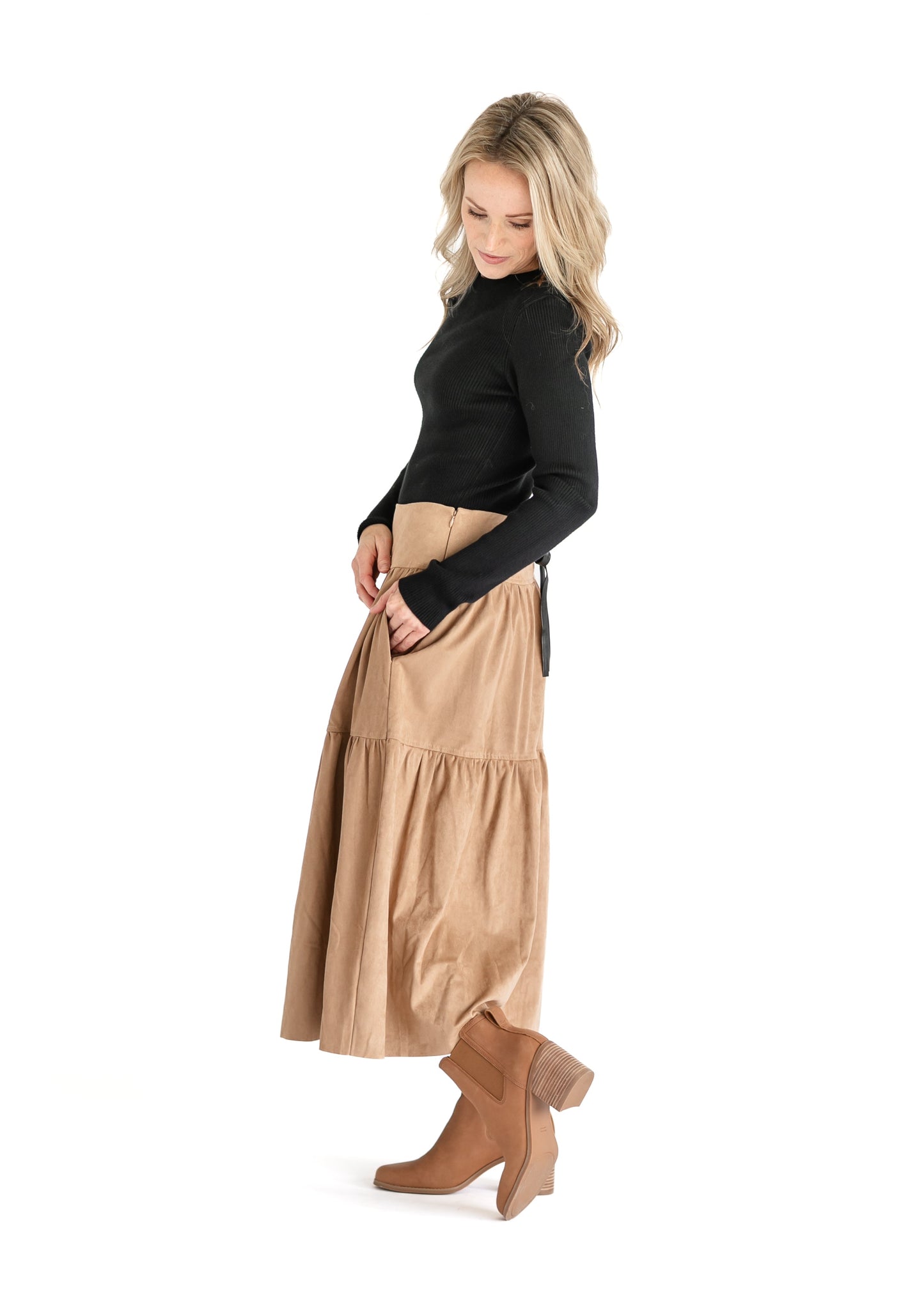 Waist Tie Faux Suede Tan Skirt FF Skirts