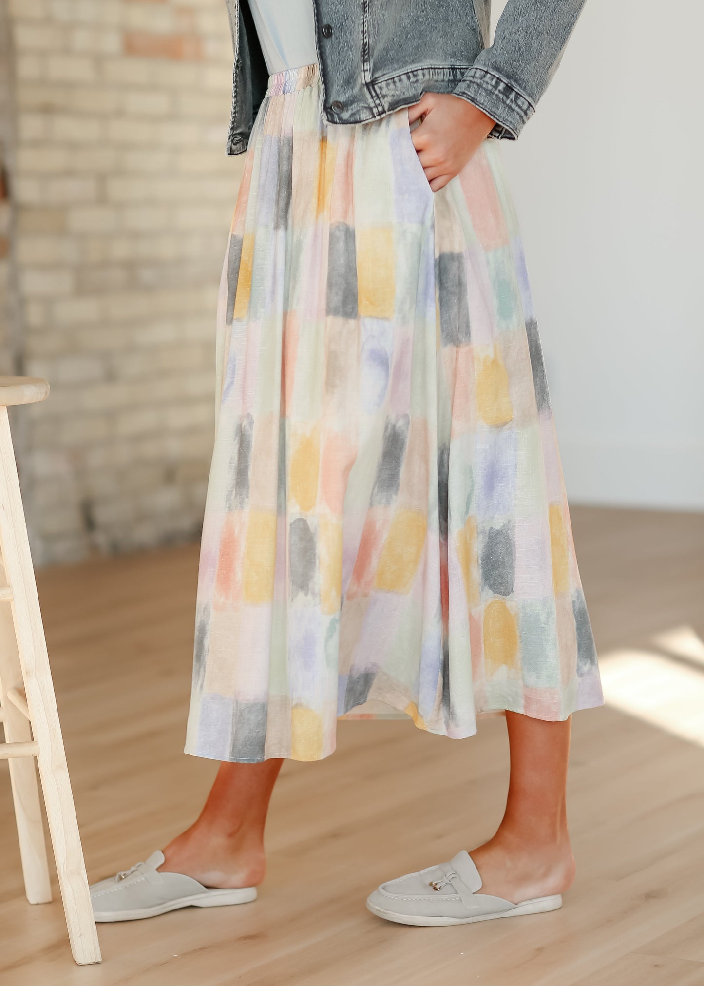 Watercolor Block Print Elastic Waist Maxi Skirt FF Skirts