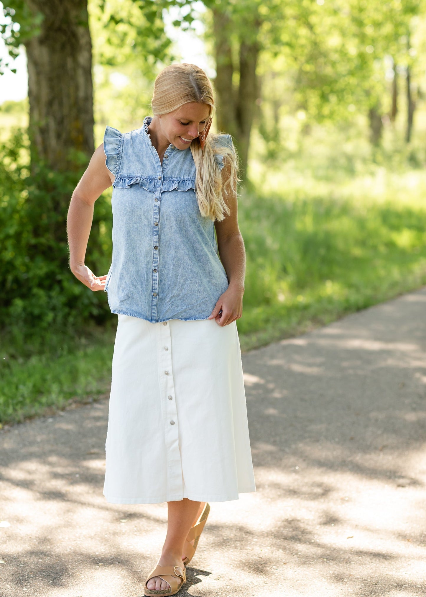 White Cotton Twill Button Midi Skirt - FINAL SALE FF Skirts