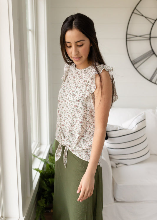 White Floral Flutter Sleeve Blouse - FINAL SALE FF Tops