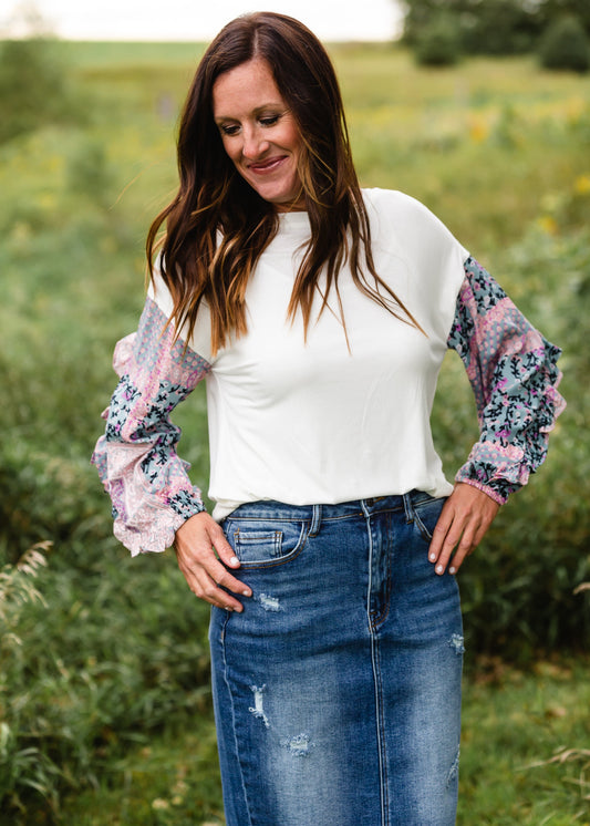 White Pattern Long Sleeve Top - FINAL SALE FF Tops