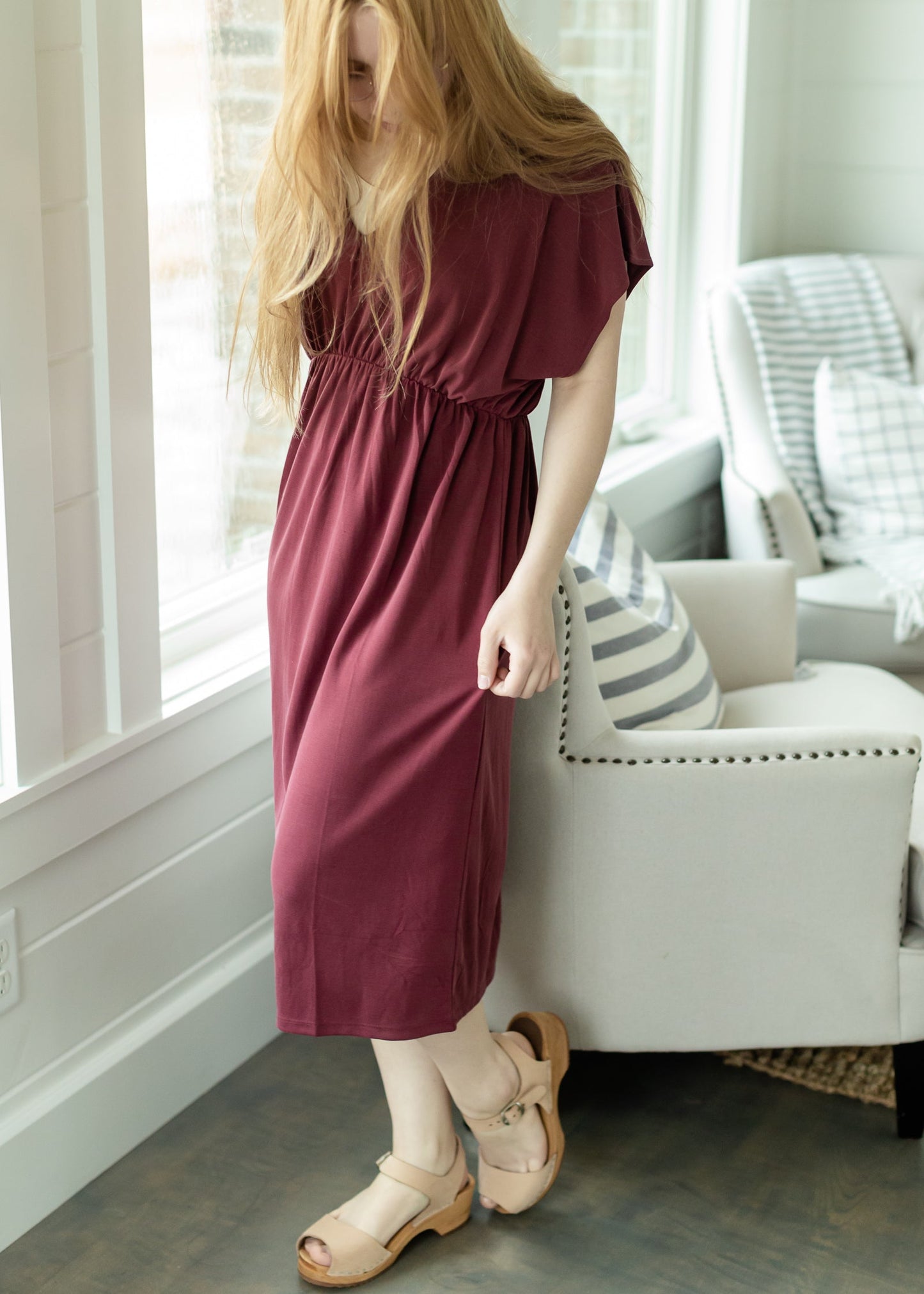 Wine Cinched Waist Midi Dress - FINAL SALE FF Dresses