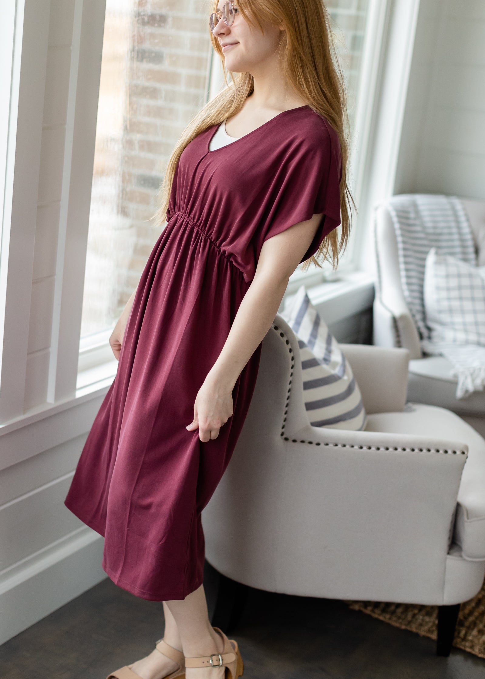 Wine Cinched Waist Midi Dress - FINAL SALE FF Dresses