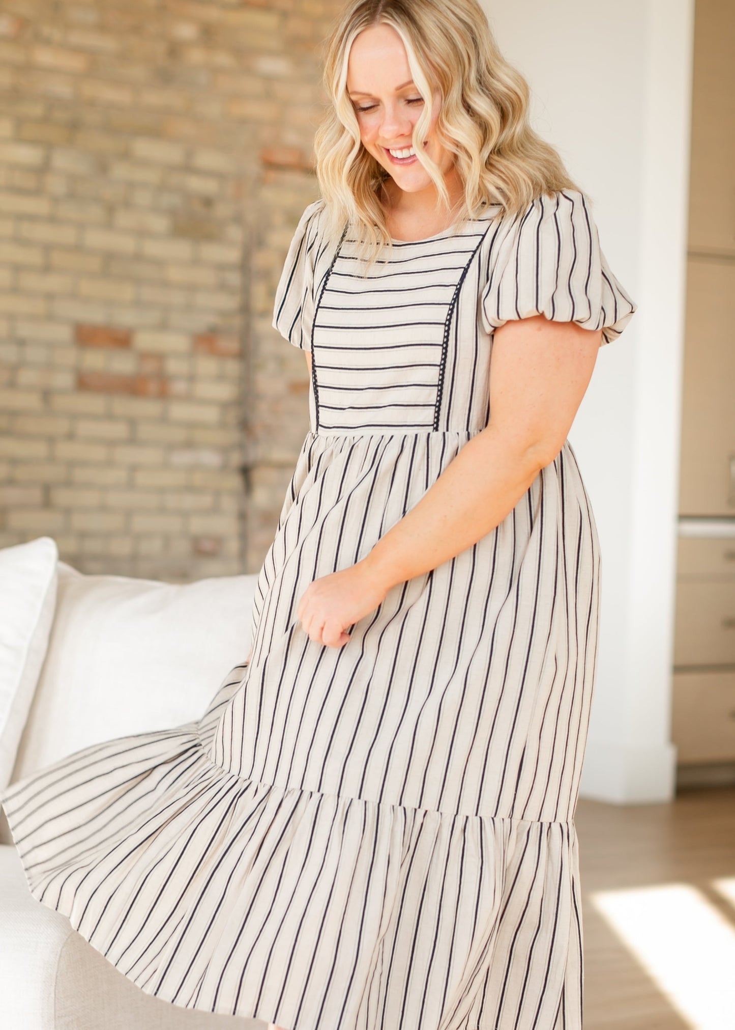 Yarn-Dyed Striped Short Sleeve Midi Dress FF Dresses