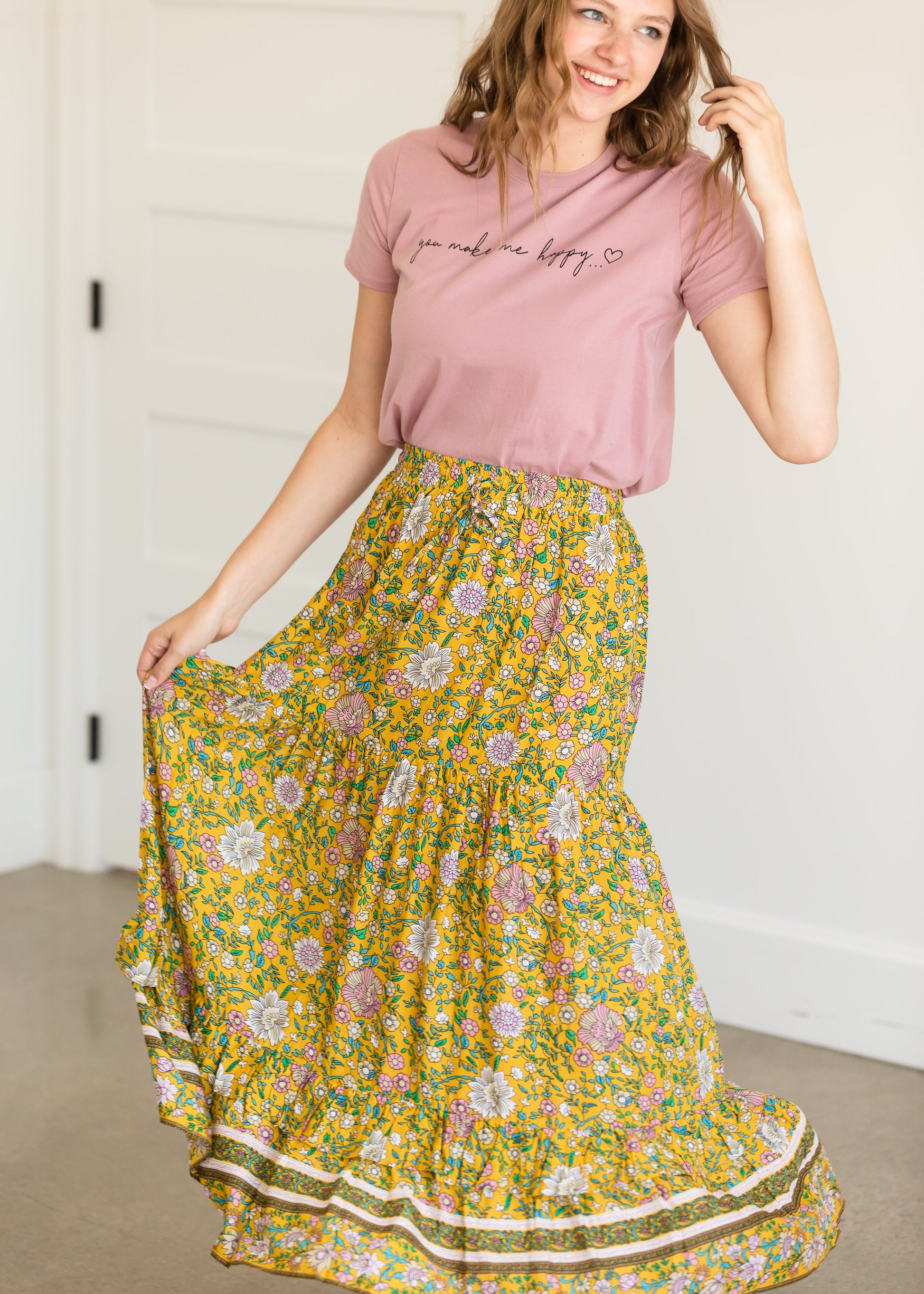 Yellow Floral Waist Tie Midi Skirt - FINAL SALE FF Skirts