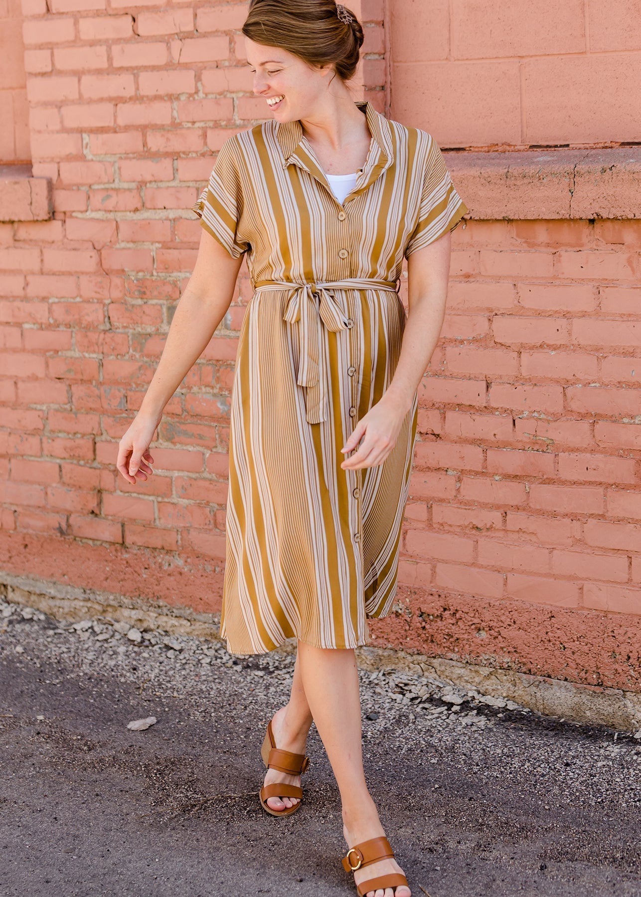 Yellow Stripe Button Front Midi Dress - FINAL SALE FF Dresses