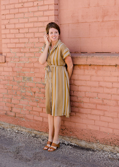 Yellow Stripe Button Front Midi Dress - FINAL SALE FF Dresses