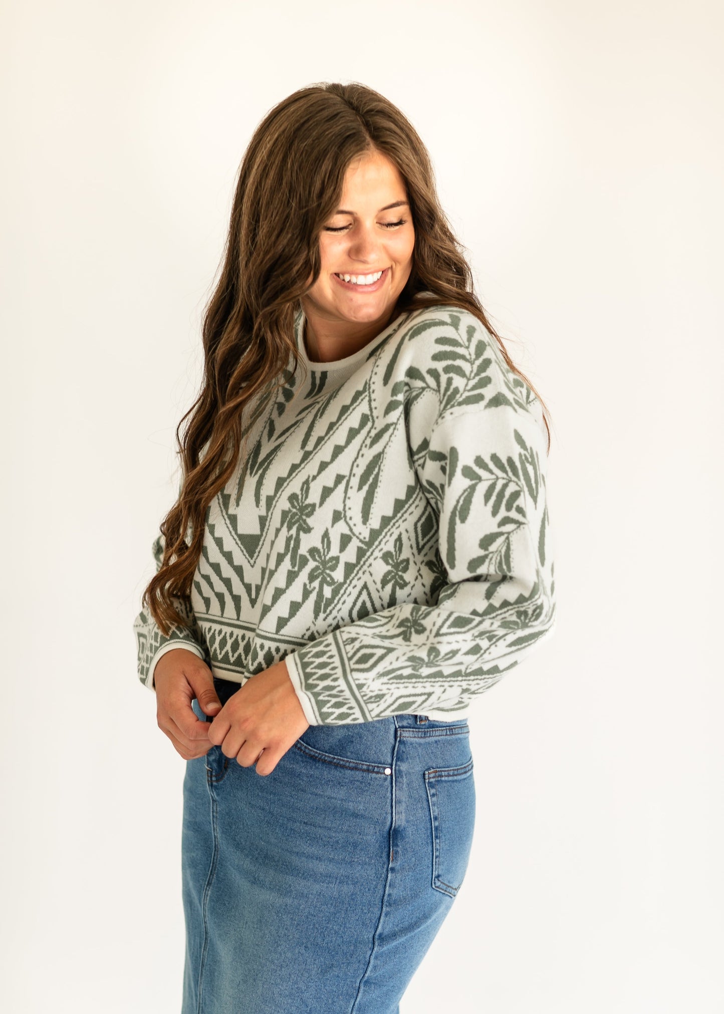 Yeva Palm Green Sweater FF Tops