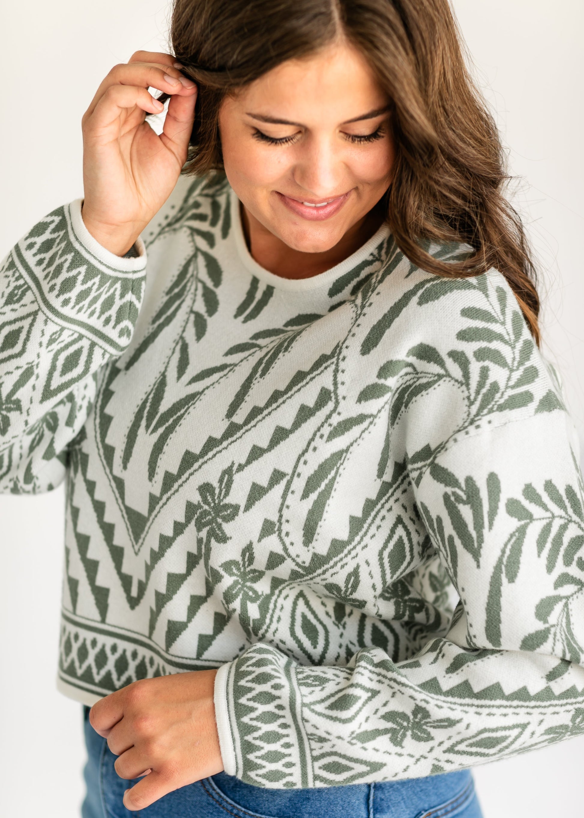 Yeva Palm Green Sweater FF Tops