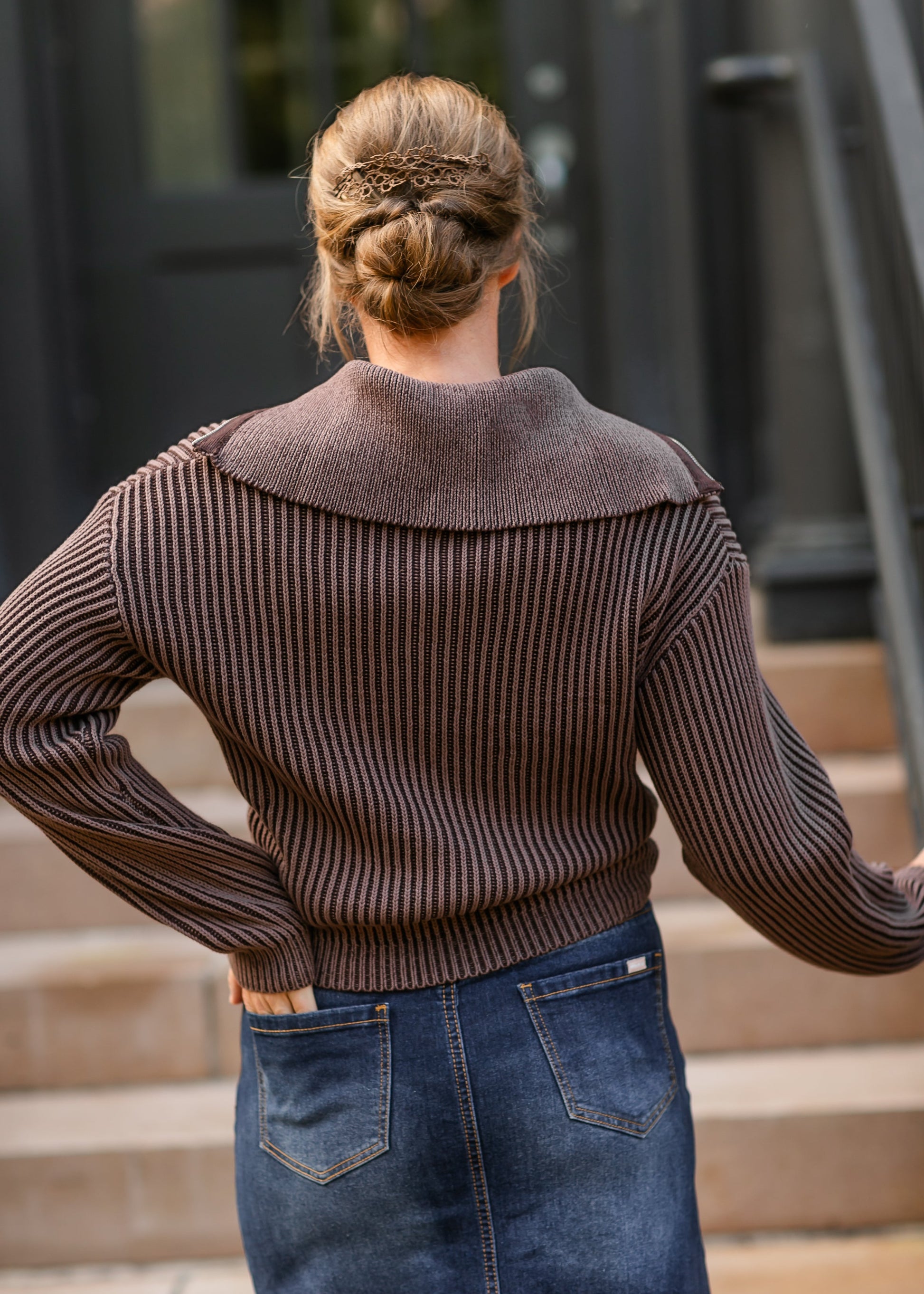 Zip-up Brown Knit Sweater FF Tops