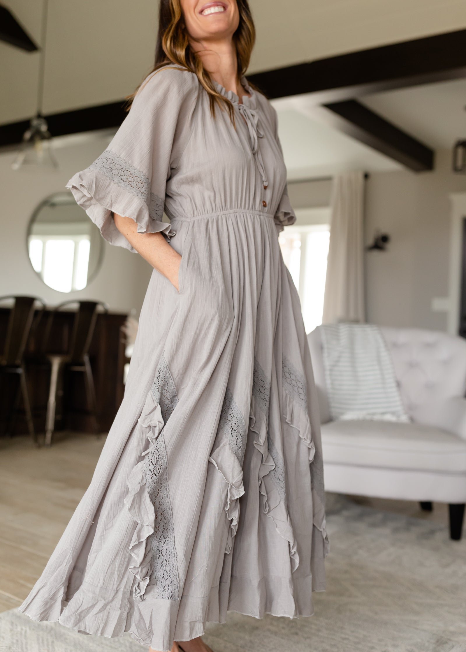 Ash Gray Linen Ruffle Midi Dress - FINAL SALE Dresses