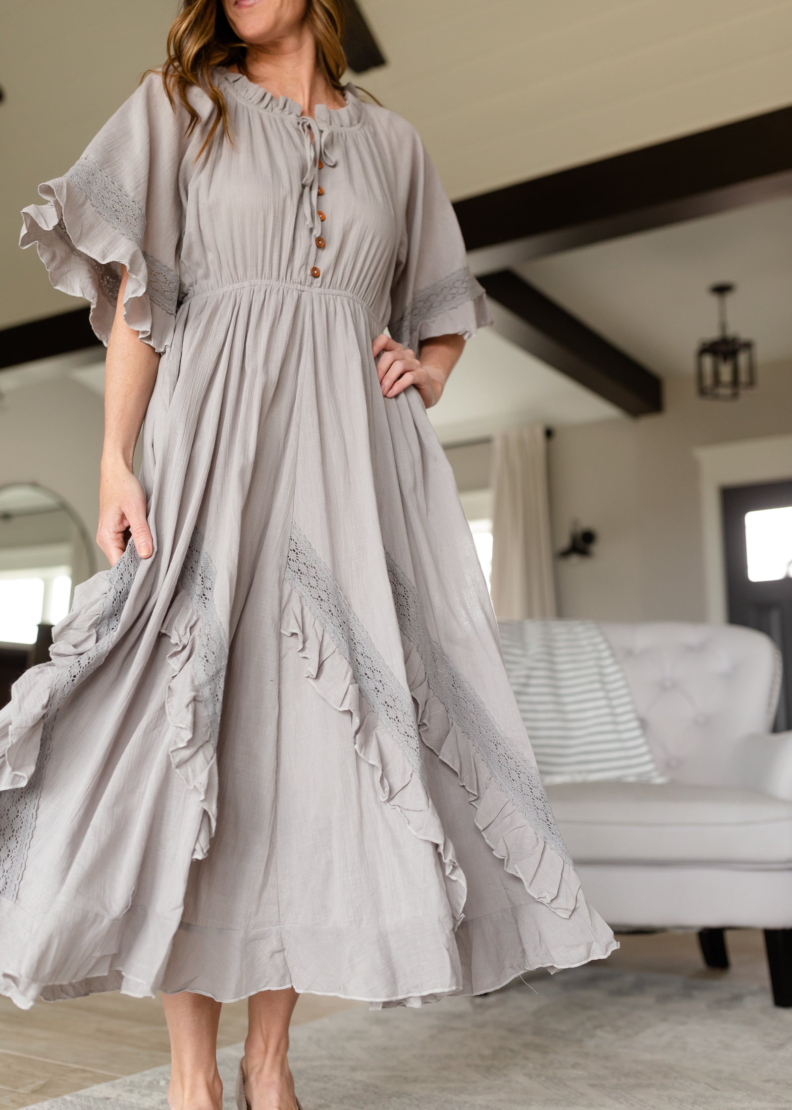 Ash Gray Linen Ruffle Midi Dress - FINAL SALE Dresses