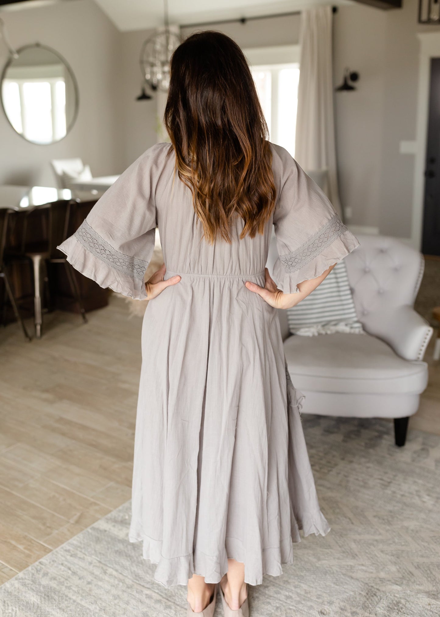 Ash Gray Linen Ruffle Midi Dress - FINAL SALE Dresses