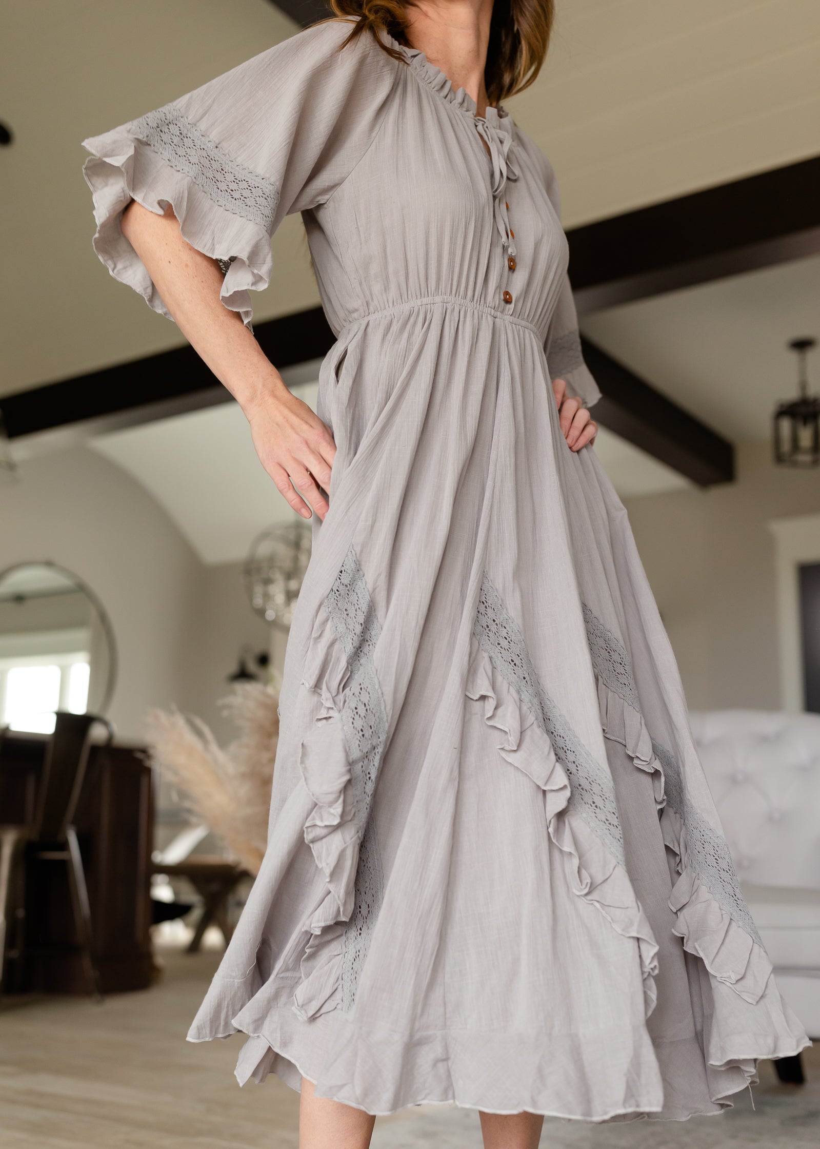 Ash Gray Linen Ruffle Midi Dress - FINAL SALE Dresses