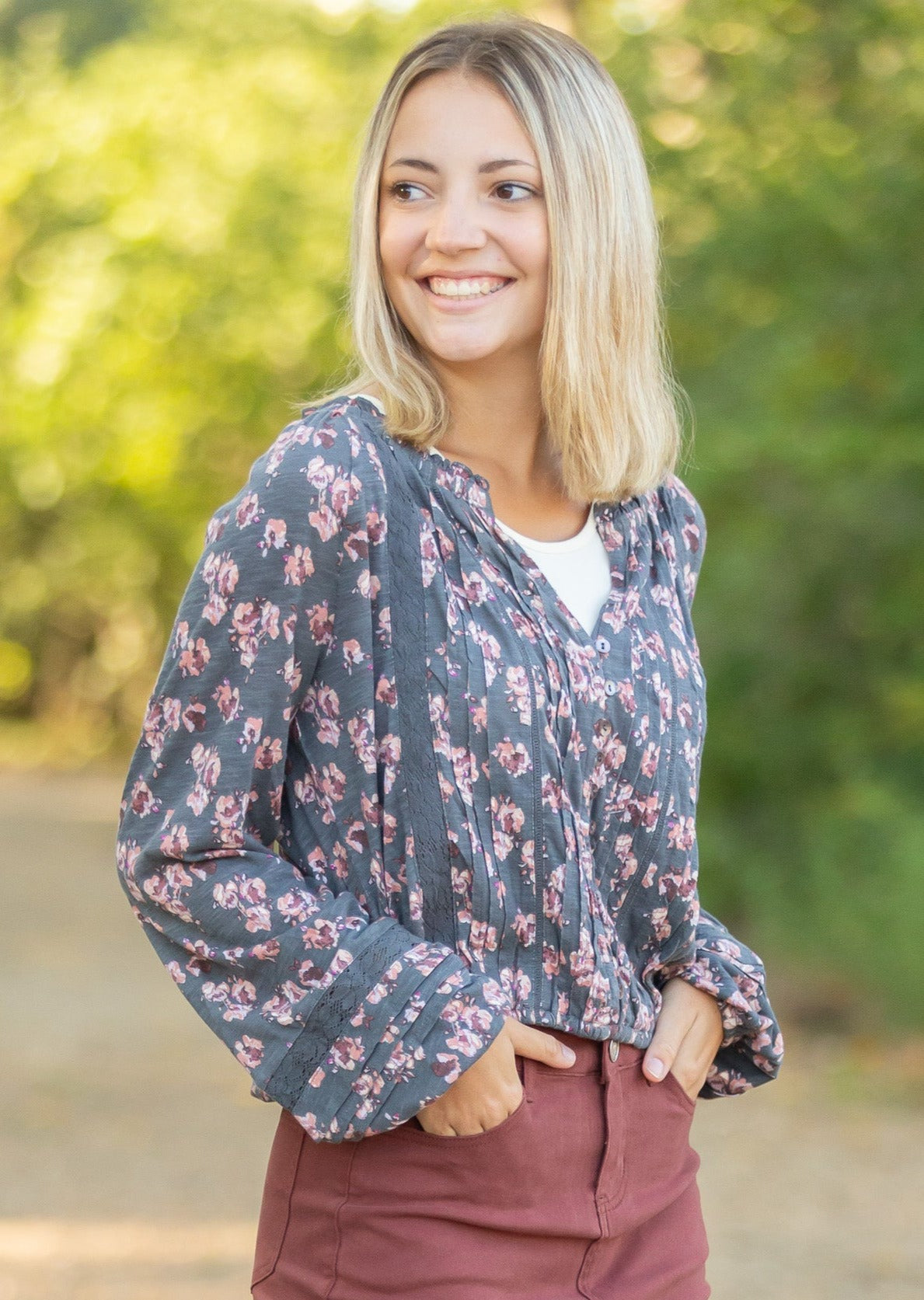 Balloon Sleeve Floral V-Neck Top Tops