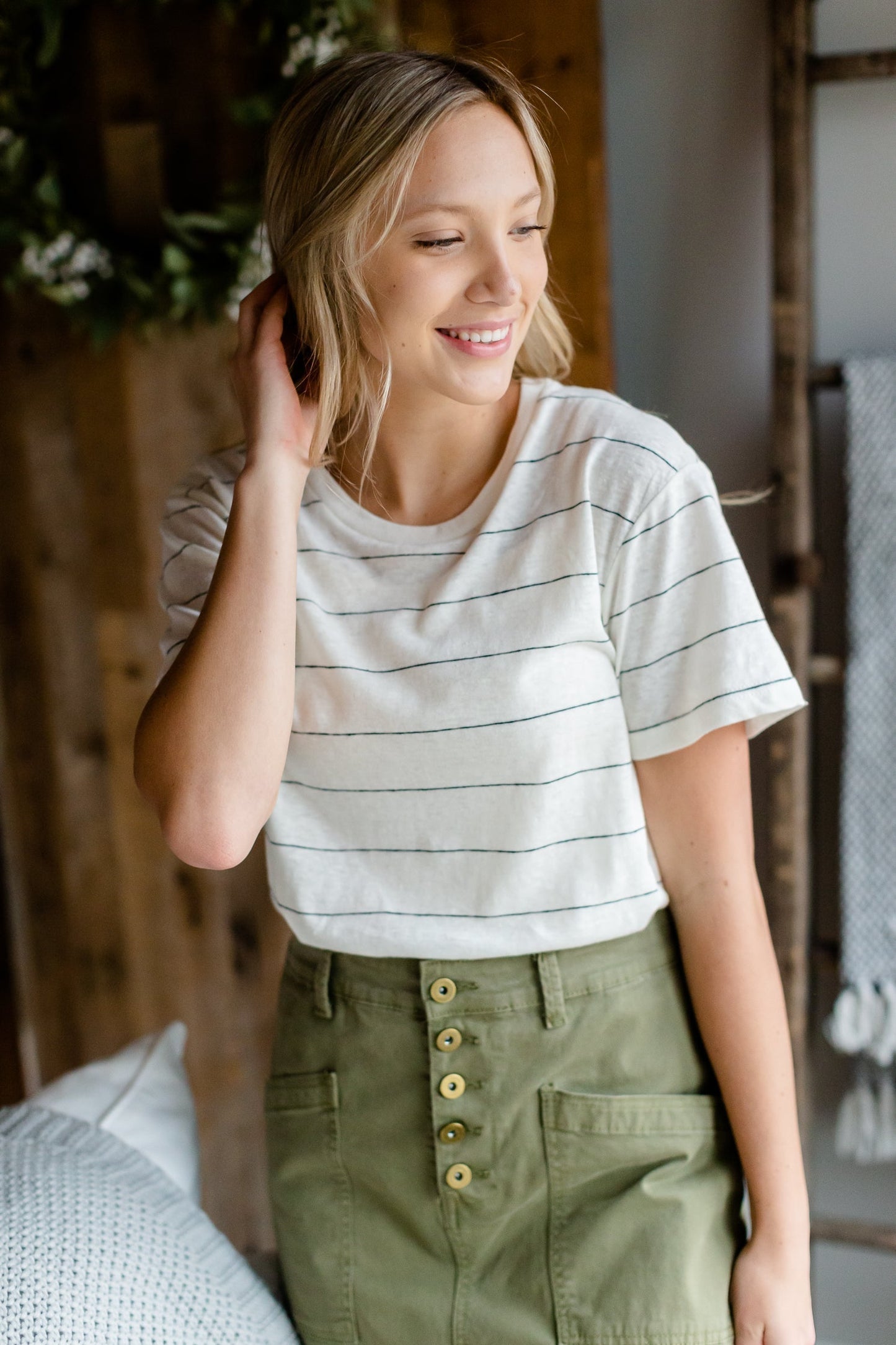 Basic Ivory Striped Short Sleeve Top Tops