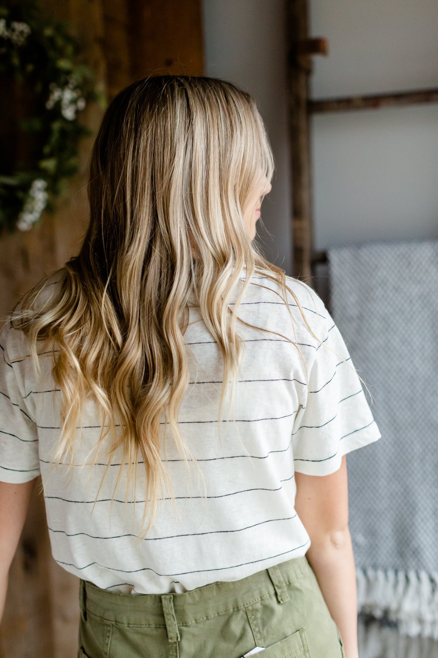 Basic Ivory Striped Short Sleeve Top Tops