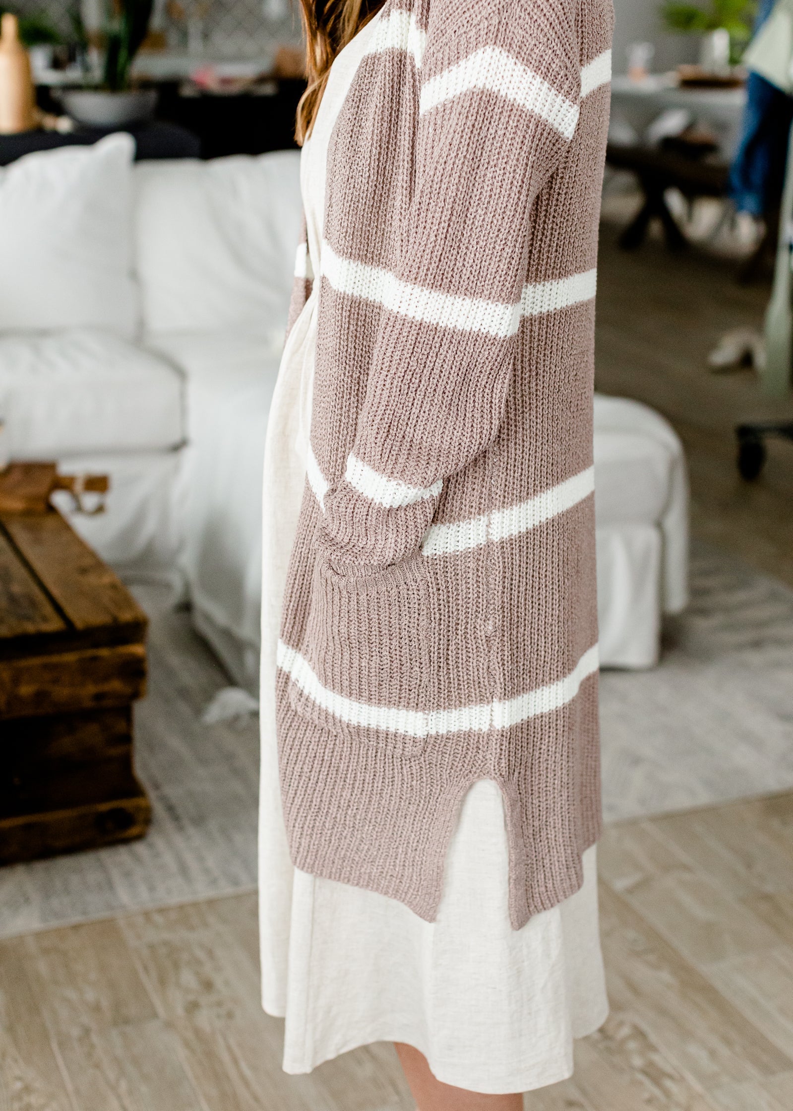 Basic Striped Light Weight Mocha Cardigan - FINAL SALE Tops