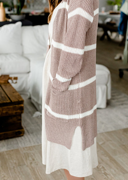 Basic Striped Light Weight Mocha Cardigan - FINAL SALE Tops