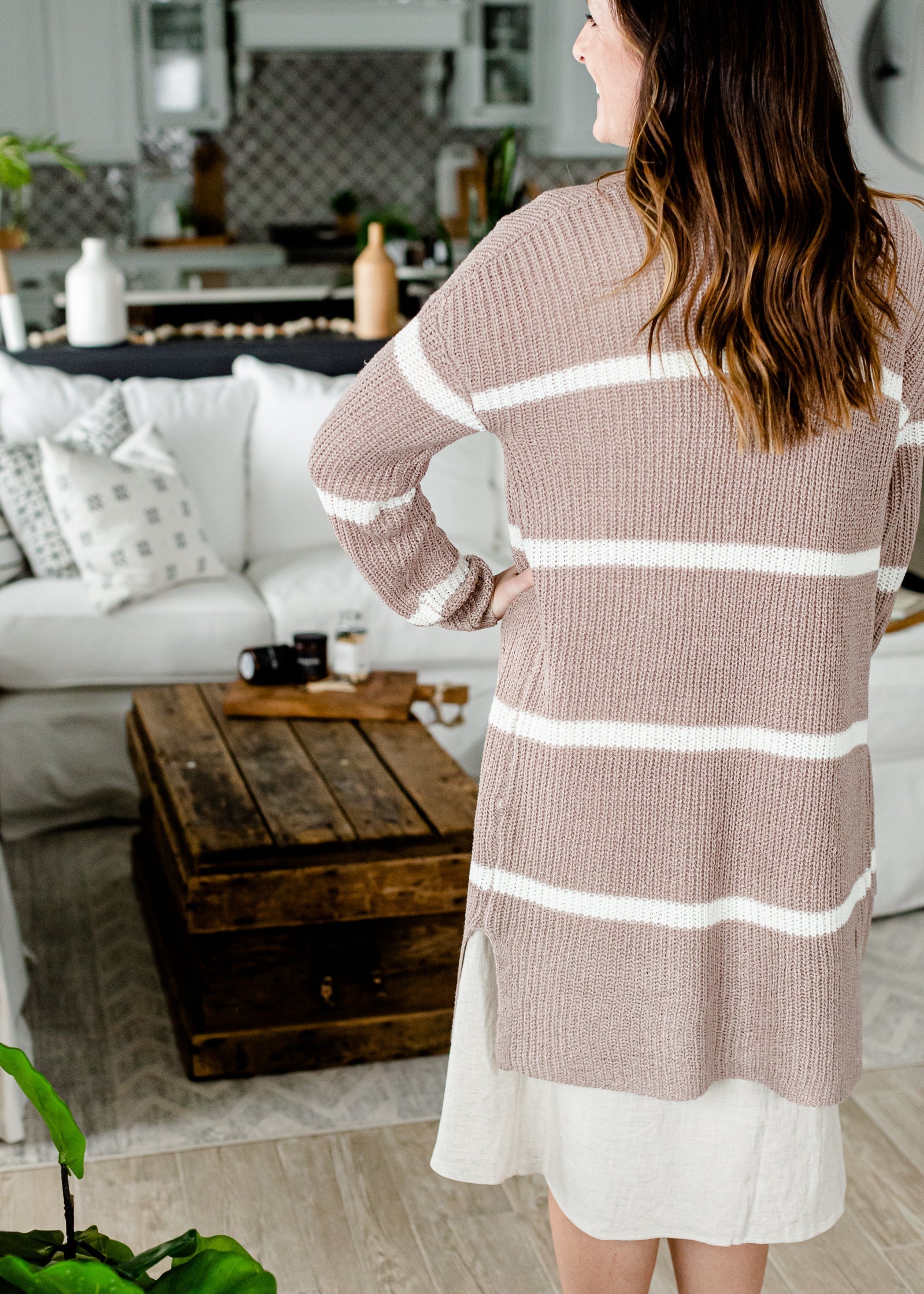 Basic Striped Light Weight Mocha Cardigan - FINAL SALE Tops