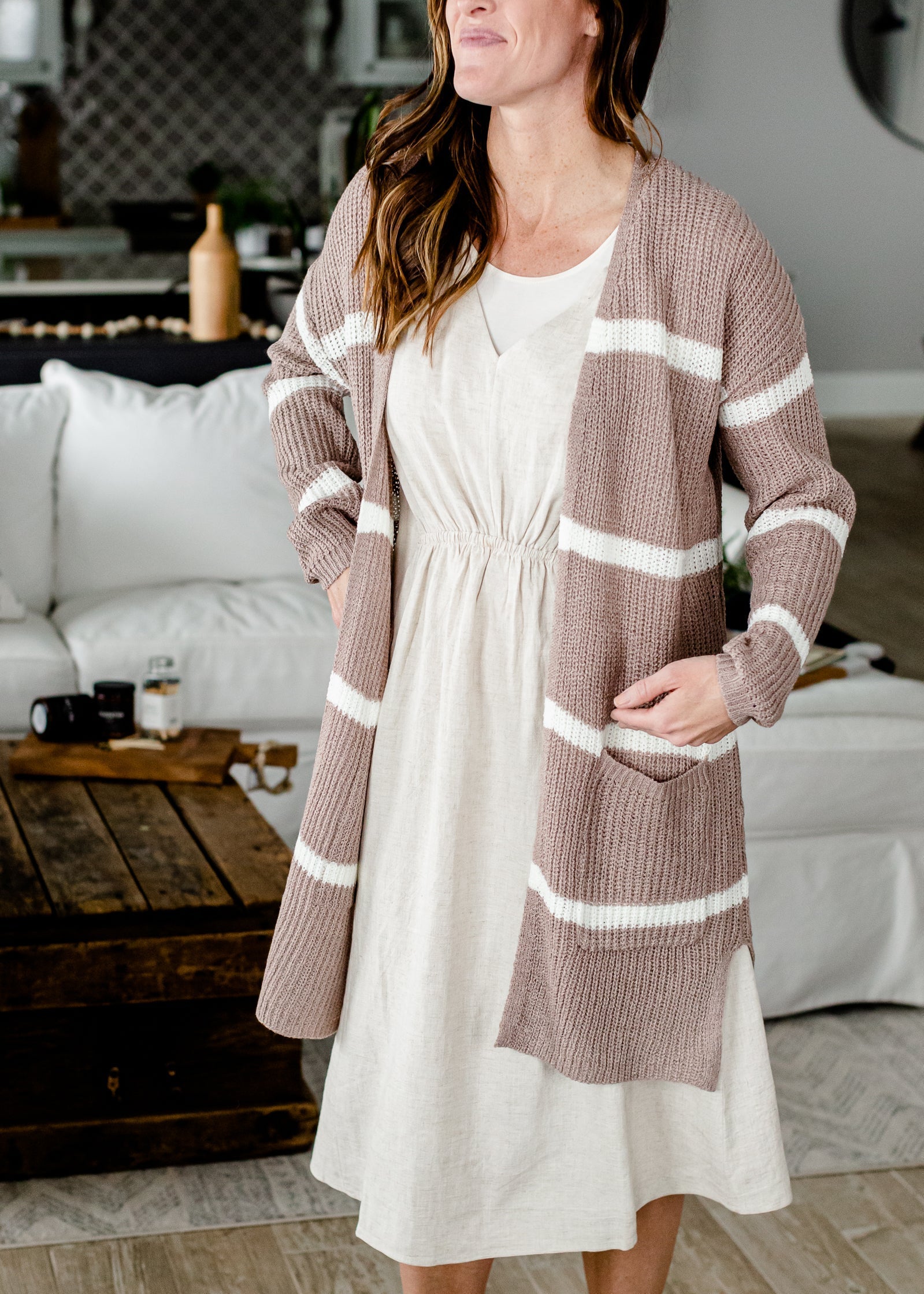 Basic Striped Light Weight Mocha Cardigan - FINAL SALE Tops