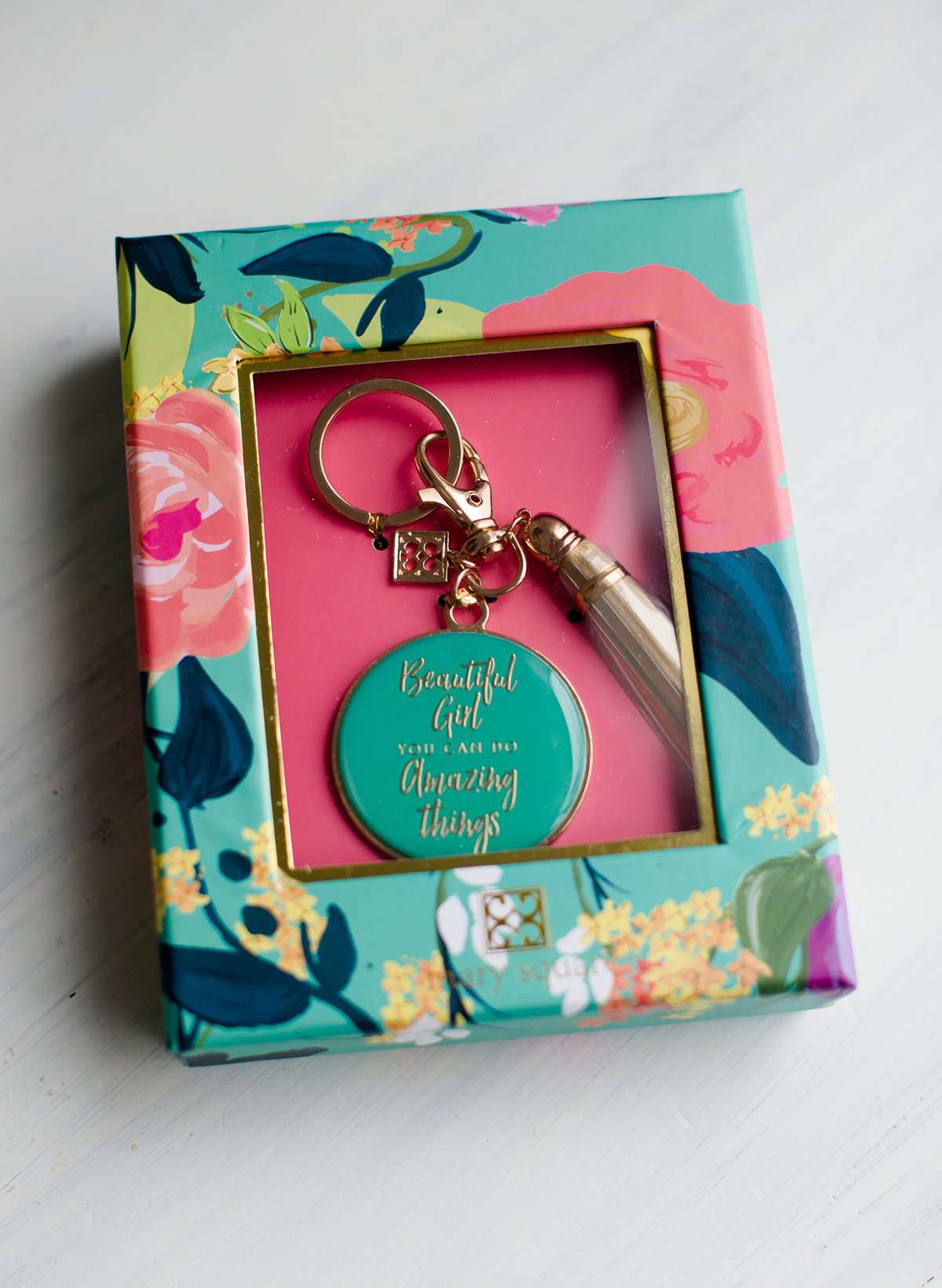 Mint key chain in a floral gift box