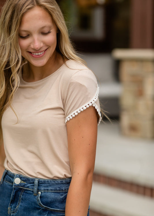 Beige Crochet Detail Tulip Sleeve Top Tops