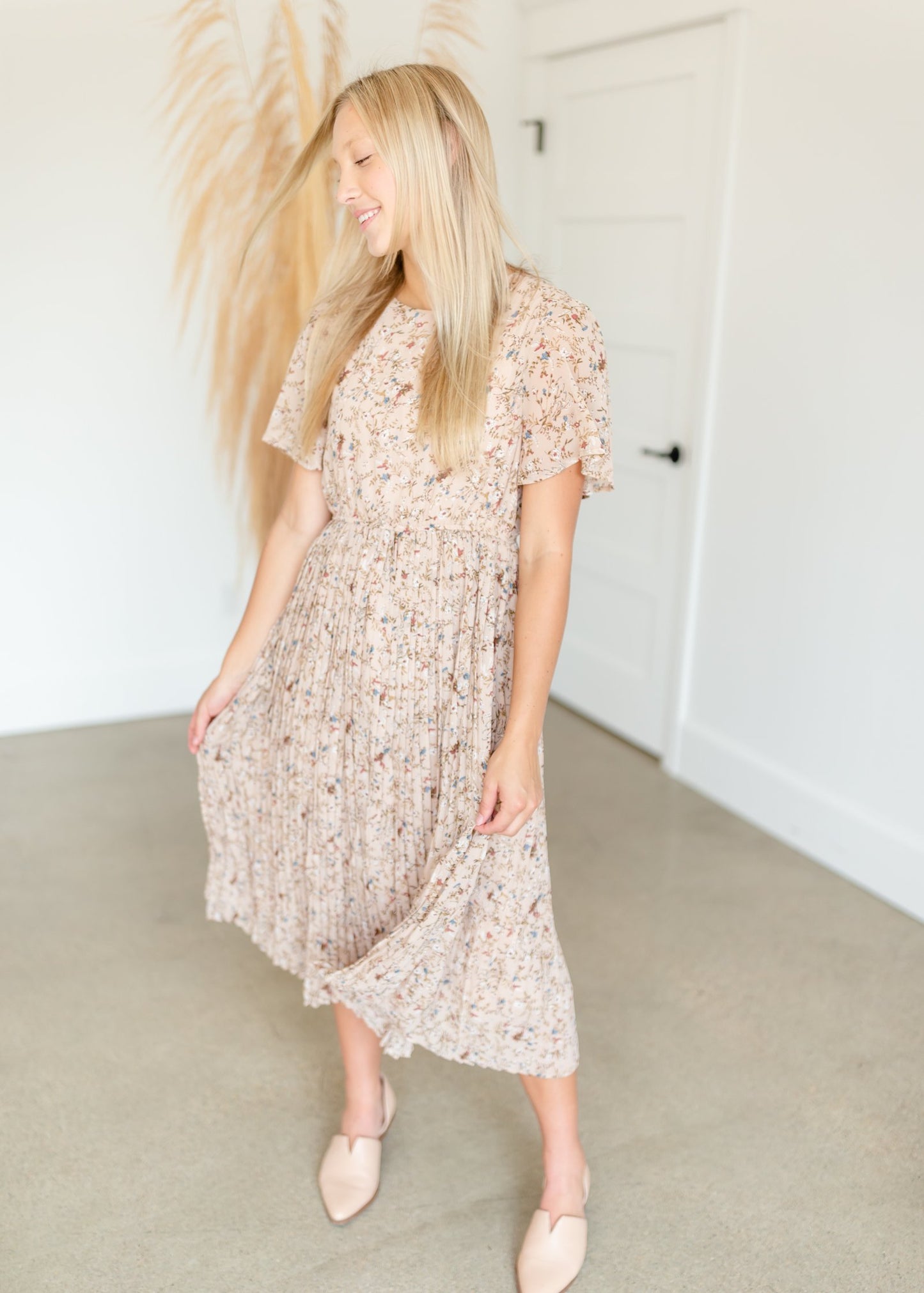 Beige Pleated Floral Midi Dress Dresses Hayden