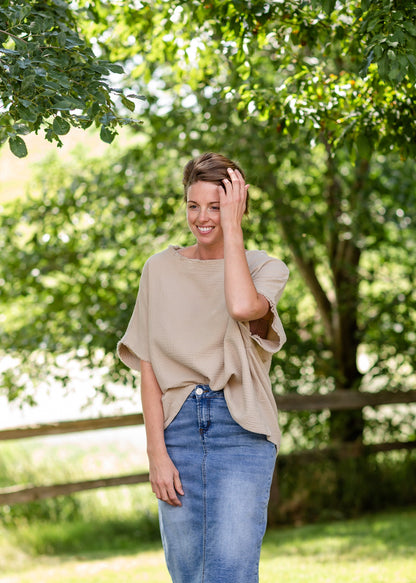 Beige Textured Boat Neck Top - FINAL SALE Tops