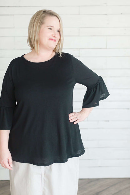 Bell Sleeve Modest Blouse Tops Black / 1X