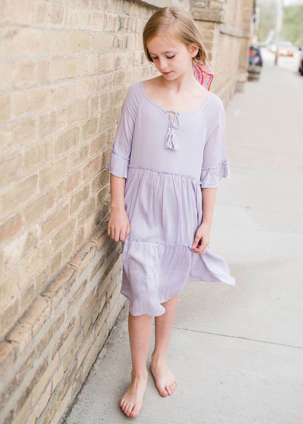 light purple tassle sleeve flowy girls midi dress