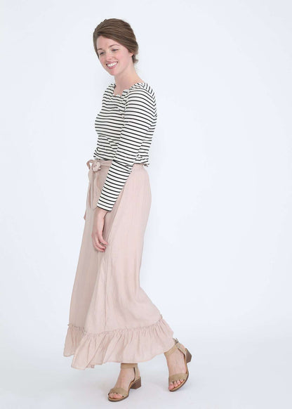 modest women's blush belted midi and maxi skirt