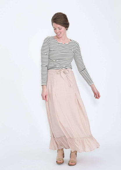 modest women's blush belted midi and maxi skirt