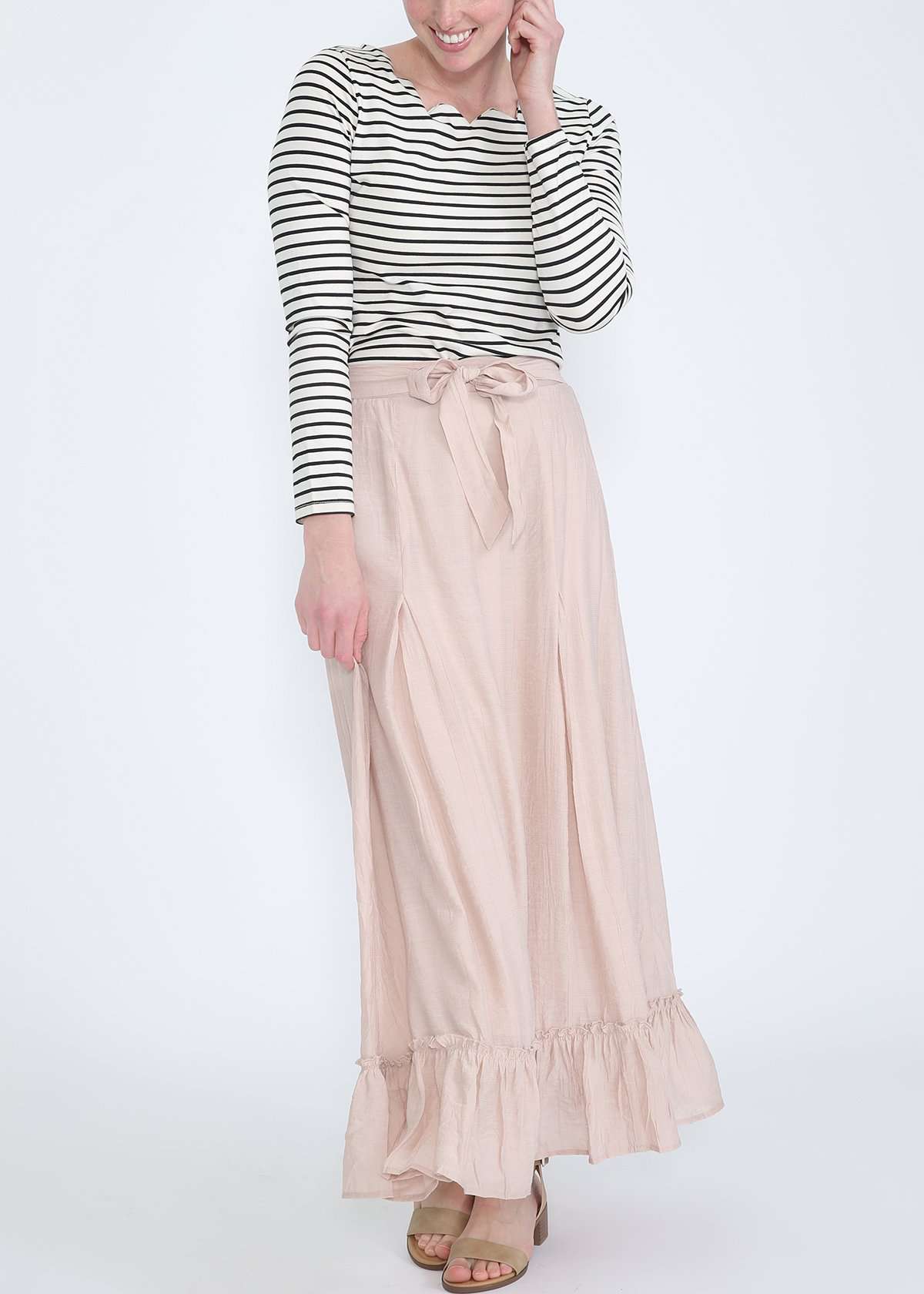 modest women's blush belted midi and maxi skirt