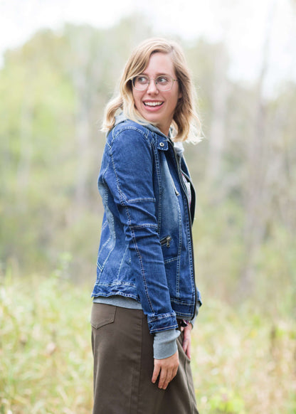 Denim front-zip jacket with removable gray front liner and hood.