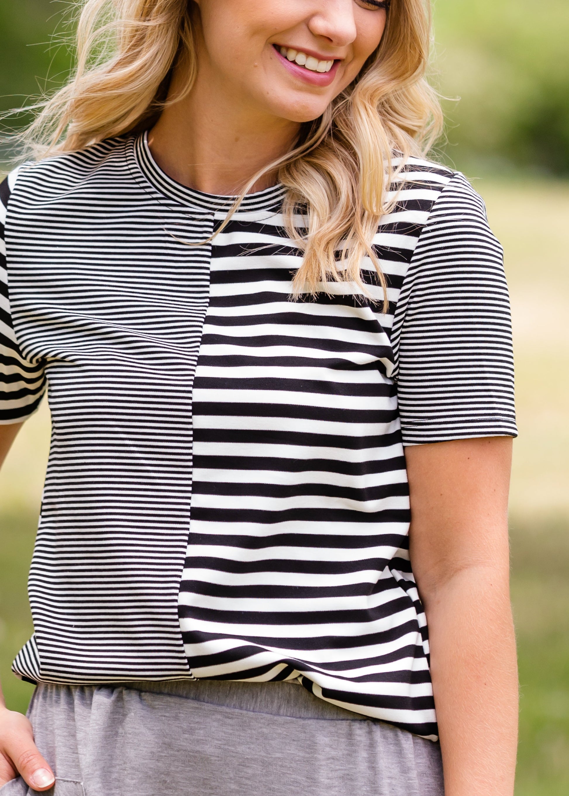 Black and White Mixed Striped Tee Shirt - FINAL SALE Tops