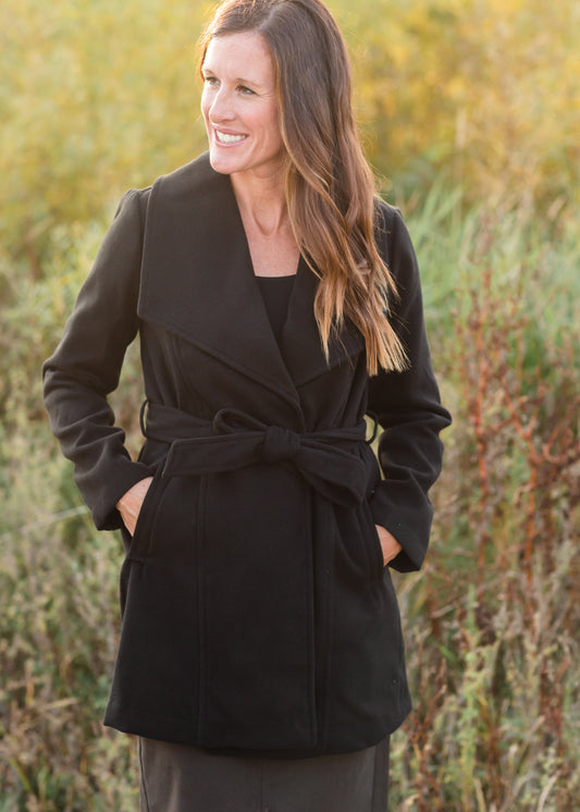 Black Collared Belted Fleece Coat - FINAL SALE Tops