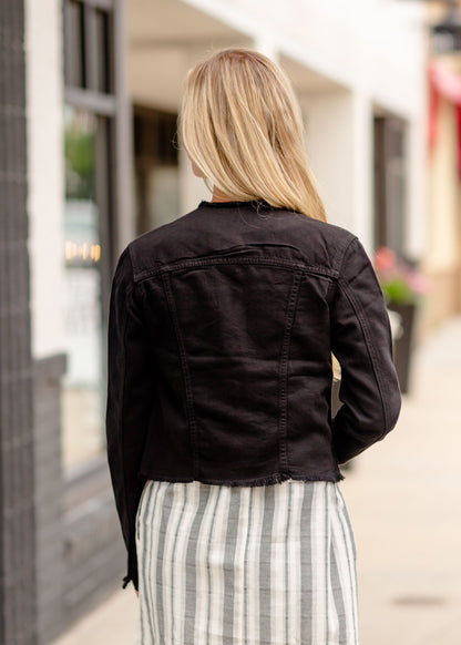 Black Distressed Collar Jean Jacket Tops