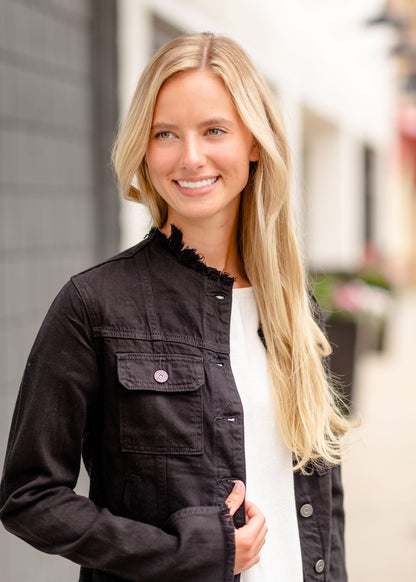 Black Distressed Collar Jean Jacket Tops