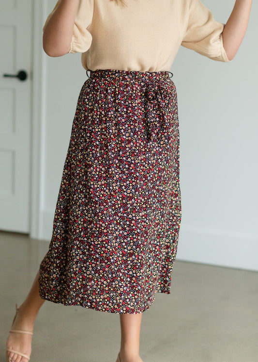 Black Ditsy Floral Belted Midi Skirt - FINAL SALE Skirts